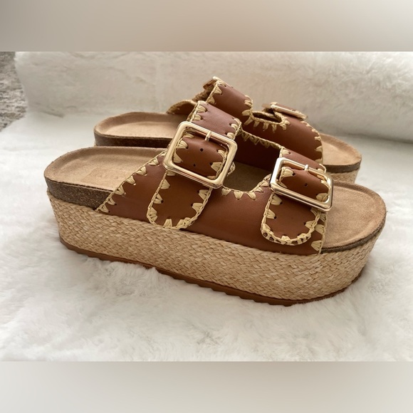 Azalea Wang Womens 8.5 Calluna Embellished Double Banded Sandals Beige Platform - Picture 4 of 9